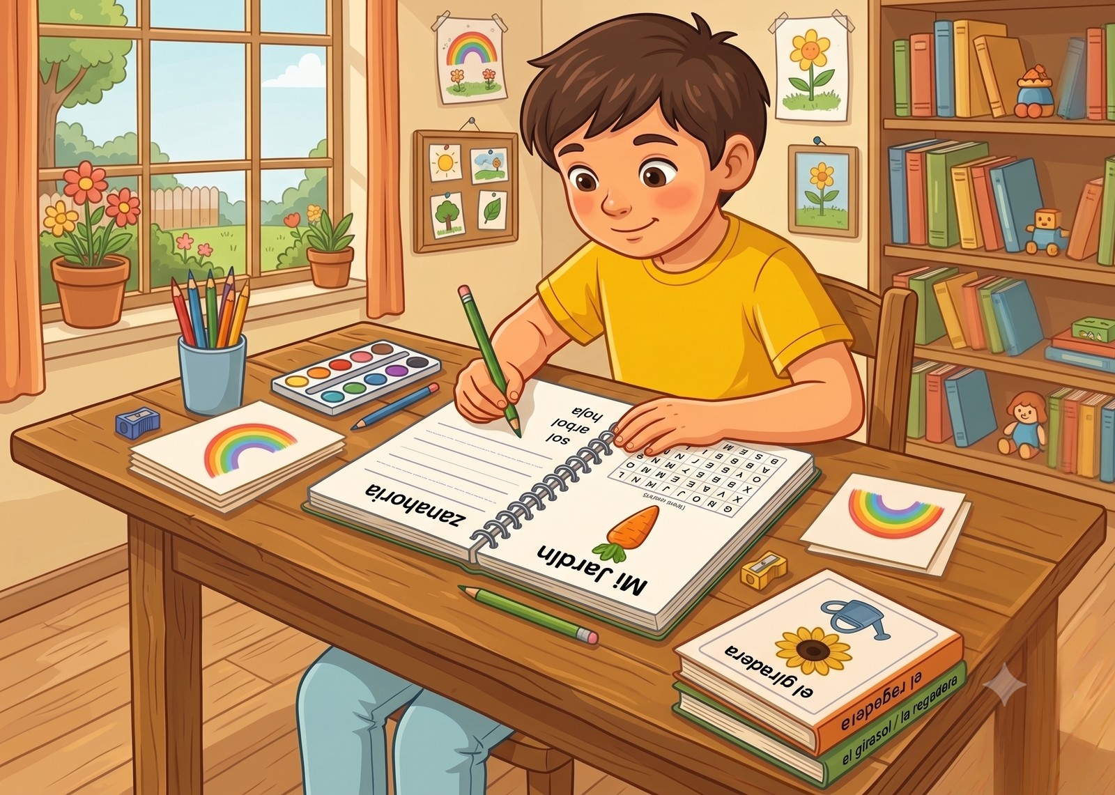 A child at the kitchen table completing a WordJelly Spanish activity book, with pencils, paints and books around them